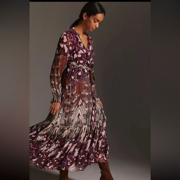 NWT ANTHROPOLOGIE LONG SLEEVE PRINTED WRAP MIDI DRESS - Picture 3 of 4